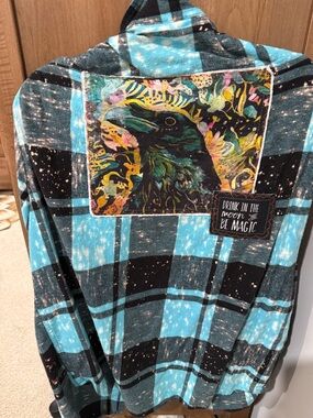 Angry Minnow Clothing Co bleached plaid flannel crow patch  XL